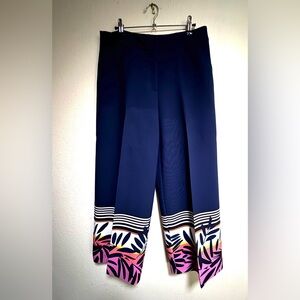 Trina Turk Sz 6 Navy wide leg pants,border print Business Career Office Artsy